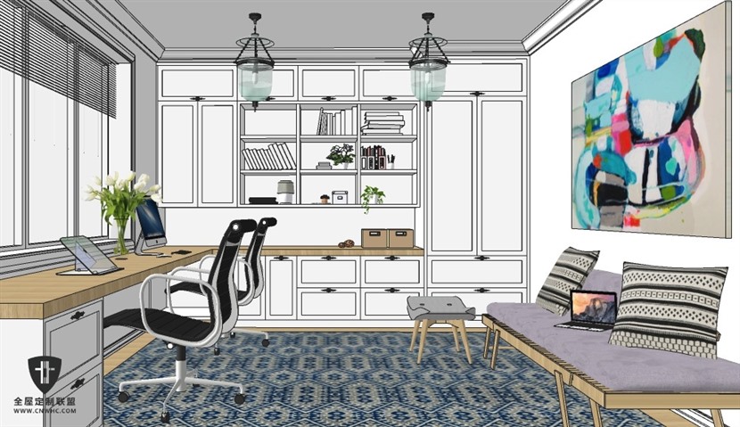 SketchUp草图大师现代简约风格室内整体书房SU模型下载0022