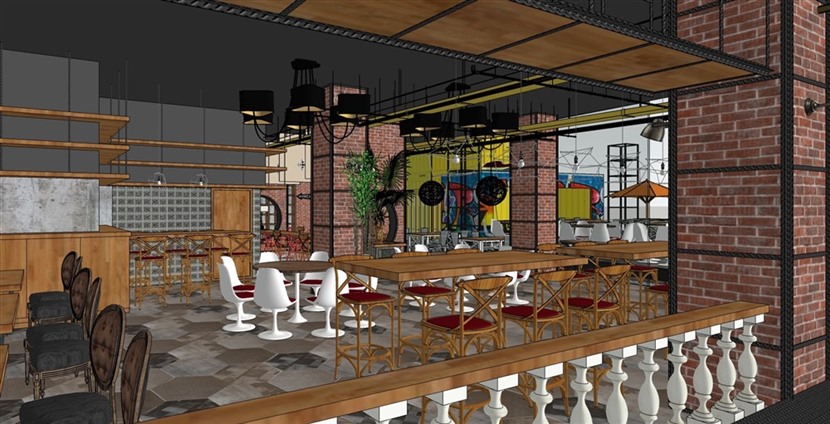 SketchUp草图大师LOFT风格餐厅场景SU模型下载0006