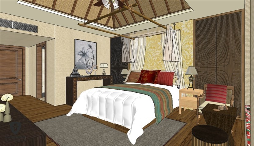 SketchUp草图大师东南亚风格酒店房间客房室内场景SU模型下载0022
