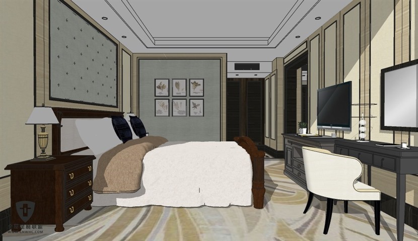 SketchUp草图大师当代风格酒店客房室内场景SU模型下载0019