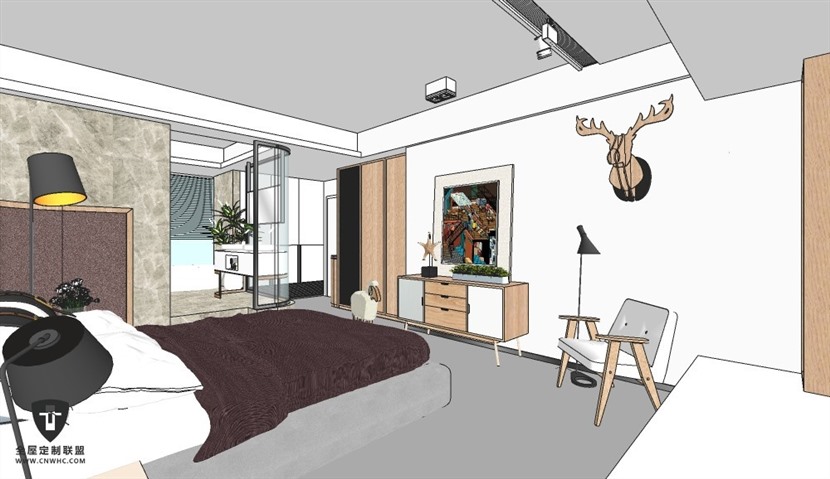 SketchUp草图大师北欧风格酒店客房室内场景SU模型下载0016