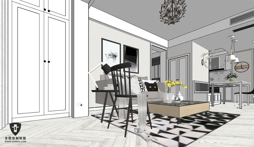 SketchUp草图大师北欧两室两厅室内整体SU模型下载0061