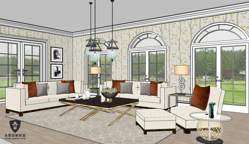 SketchUp草图大师当代美式风格室内整体客厅SU模型下载0045