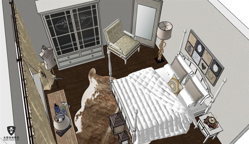 SketchUp草图大师美式乡村风格卧室室内整体SU模型下载0068