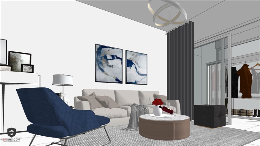 草图大师现代风格单身公寓室内模型SketchUp客厅餐厅模型卧室SU模型下载0161