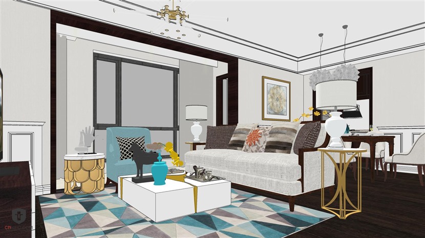 草图大师室内场景模型SketchUp美式客厅卧室设计SU模型下载0159