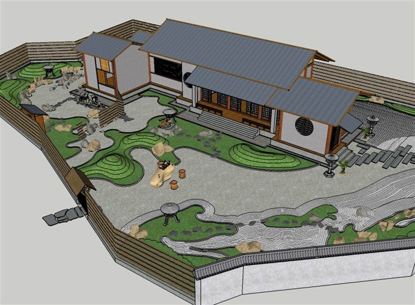 草图大师园林景观建筑模型SketchUp日式禅意庭院SU模型0203