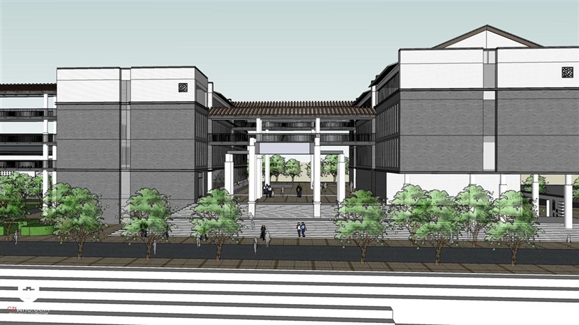 草图大师学校建筑模型SketchUp新中式风格中学教学楼SU模型下载0173