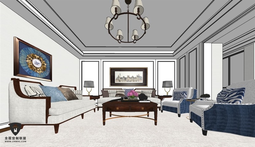 SketchUp草图大师传统美式客餐厅卧室室内设计方案SU模型下载0121