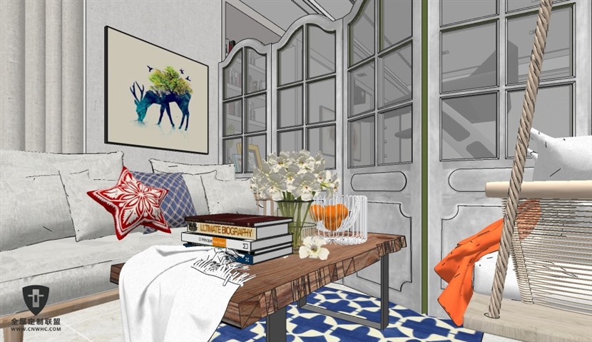SketchUp草图大师当代美式卧室多功能厅室内设计方案SU模型下载0124