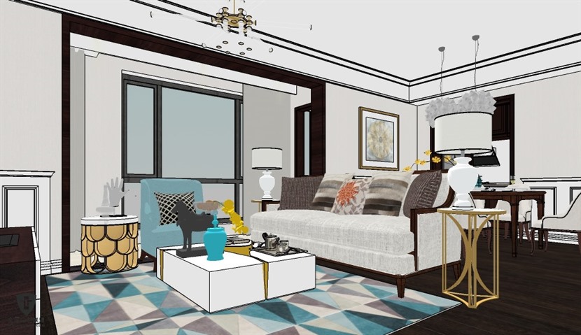 SketchUp草图大师当代美式客餐厅室内整体设计方案SU模型下载0131