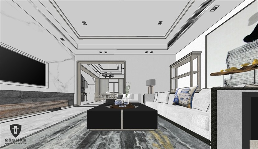 SketchUp草图大师禅意新中式风格客餐厅设计方案SU模型下载0120