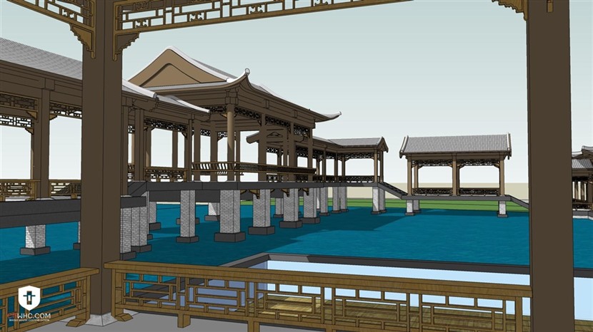 草图大师徽派建筑模型SketchUp新中式廊桥景观SU模型0234