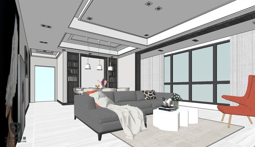 SketchUp草图大师现代客餐厅厨房室内设计方案SU模型下载0144
