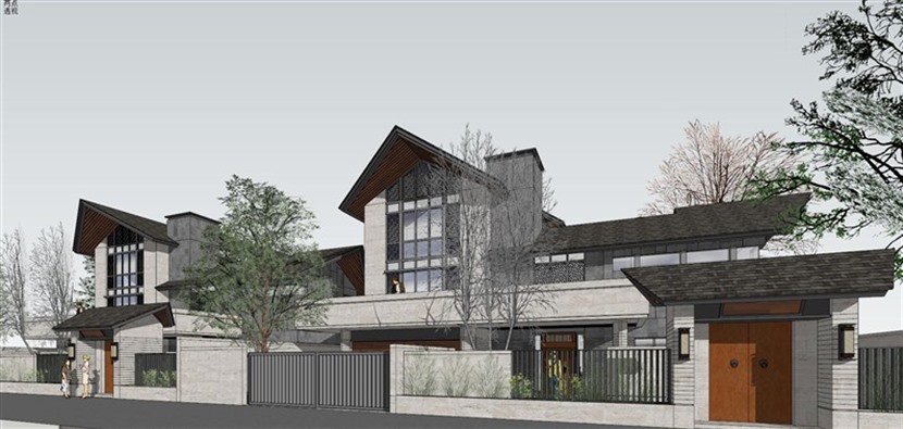 沿湖启动区中式双拼双坡SketchUp建筑设计方案模型下载486